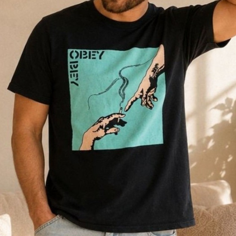 OBEY Creation of Adam Smoking Hands Graphic T-Shirt S Black Streetwear Skater